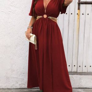 Vestido Casual Plus Size Azul Royal com Gola V Profunda